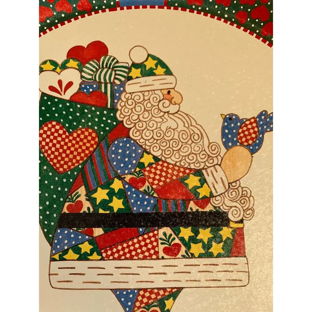 Vintage 90s Patchwork Santa folk metal tray
